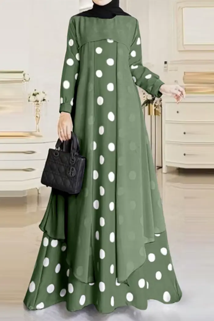 Hijabi – robe longue décontractée pour femmes musulmanes, à pois, Double couche, manches longues, Ma