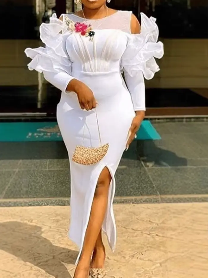 Femmes blanc robe de noël tenue de soirée Sexy longue fente latérale