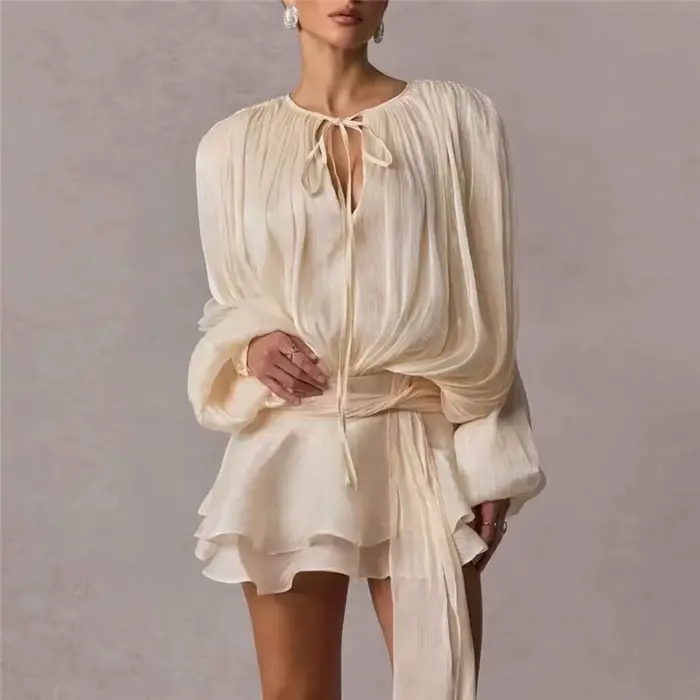 Robe mini élégante Gaono coupe trapèze à lacets pour fête manches évasées mode féminine soirée d'été automne