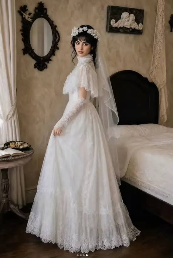 Robe de Mariée Bohème Personnalisée en Dentelle avec Manches Longues et Col Haut pour Occasions Spéciales Plage Fête Réception