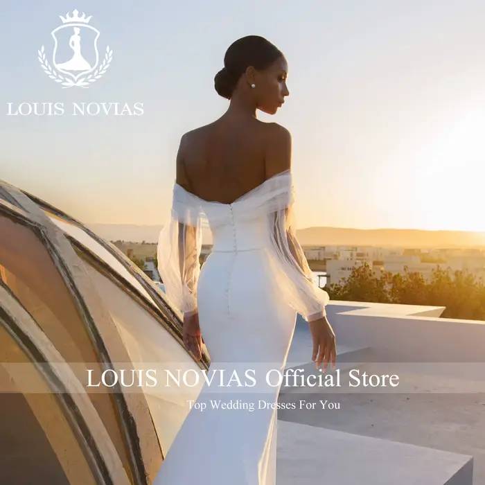 LOUIS NOVIAS sirène Satin robes De mariée pour les femmes manches bouffantes col bateau gaine dos nu robe