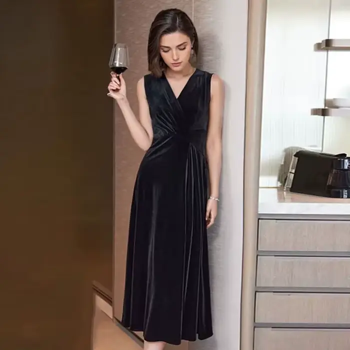 Robe en velours doré à la mode col en V sans manches pour femmes printemps automne soirée mariage occasionnels