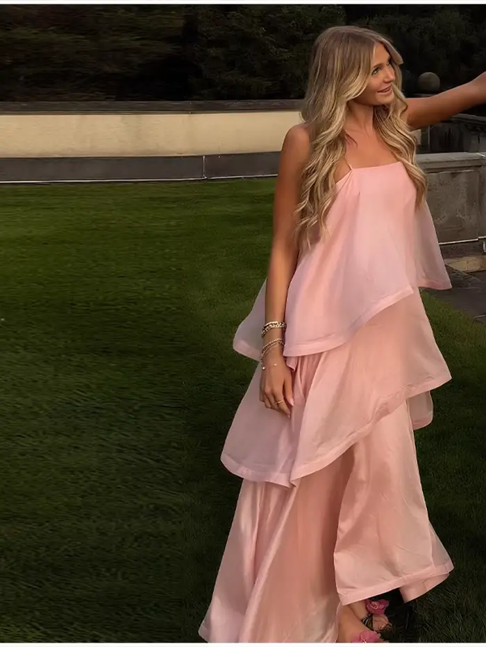 Chic rose doux couche ourlet licou robe sans manches une ligne fête Maxi Robes élégantes longues