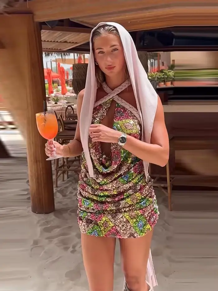 Robe Courte Femme Halter Pailletée à Bretelles