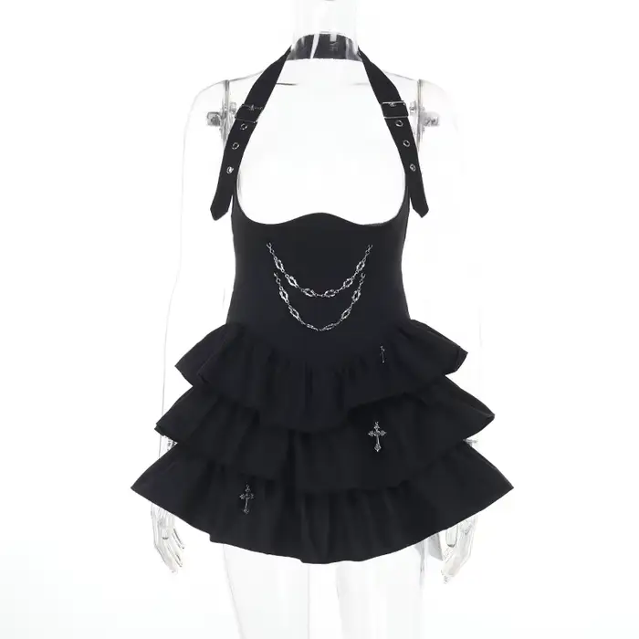 [You're My Secret] Robe mini gothique noire pour femme, élégante, coupe ajustée, style punk, mini-ju