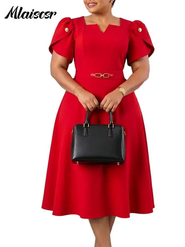 Robe midi trapèze Mlaiscsr élégante avec col en V et manches bouffantes pour femme, idéale pour le bureau, l'église et les occasions spéciales