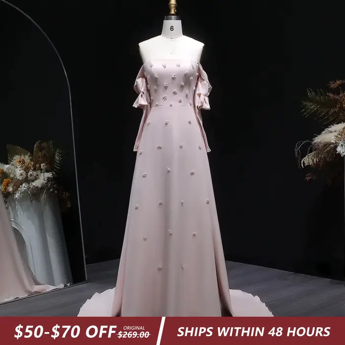 Sharon Said Robe de soirée rose élégante pour femme avec perles florales 3D surjupe à manches longues pour mariage SS540 personnalisable