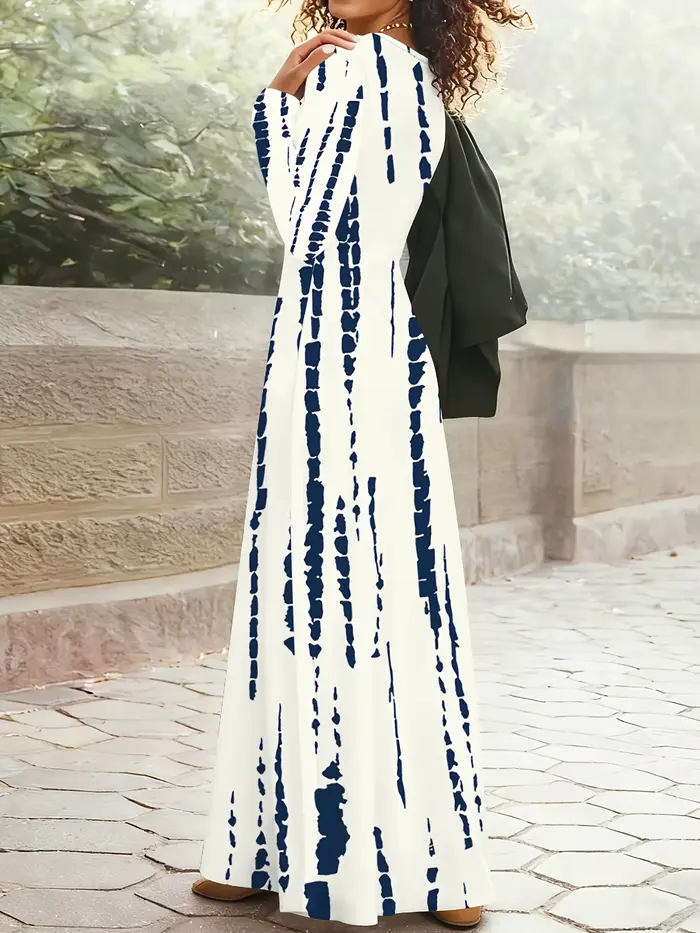 Robe décontractée à manches longues rayée tie-dye bleu et blanc pour femme