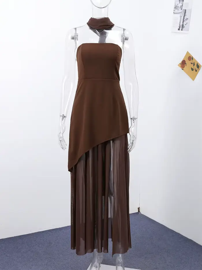 Élégant robe longue sans bretelles femmes Sexy Patchwork maille sans manches Sacrf robes femme 2025 printemps