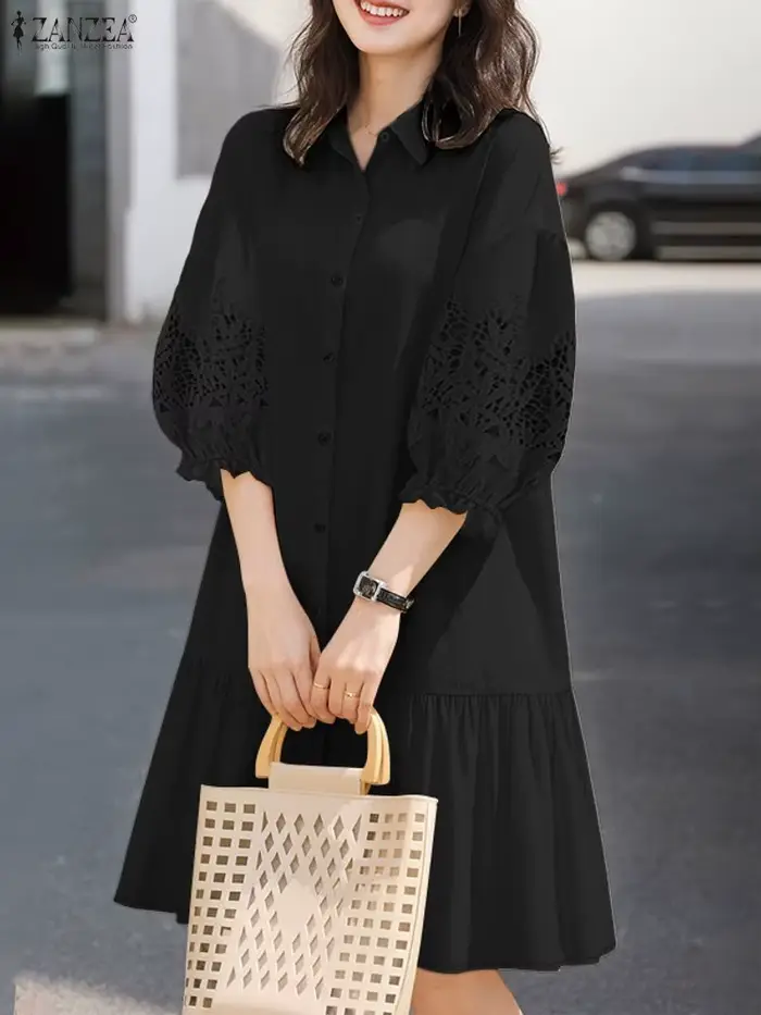 2026 ZANZEA printemps dentelle Crochet Robe d'été Mini Robe femmes élégant brodé Robe de soirée 3/4 