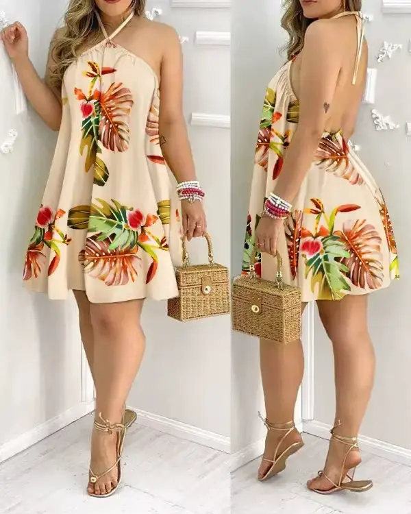 Robe à imprimé Floral, col licou, style Boho, dos nu, vêtements pour femmes, printemps et été