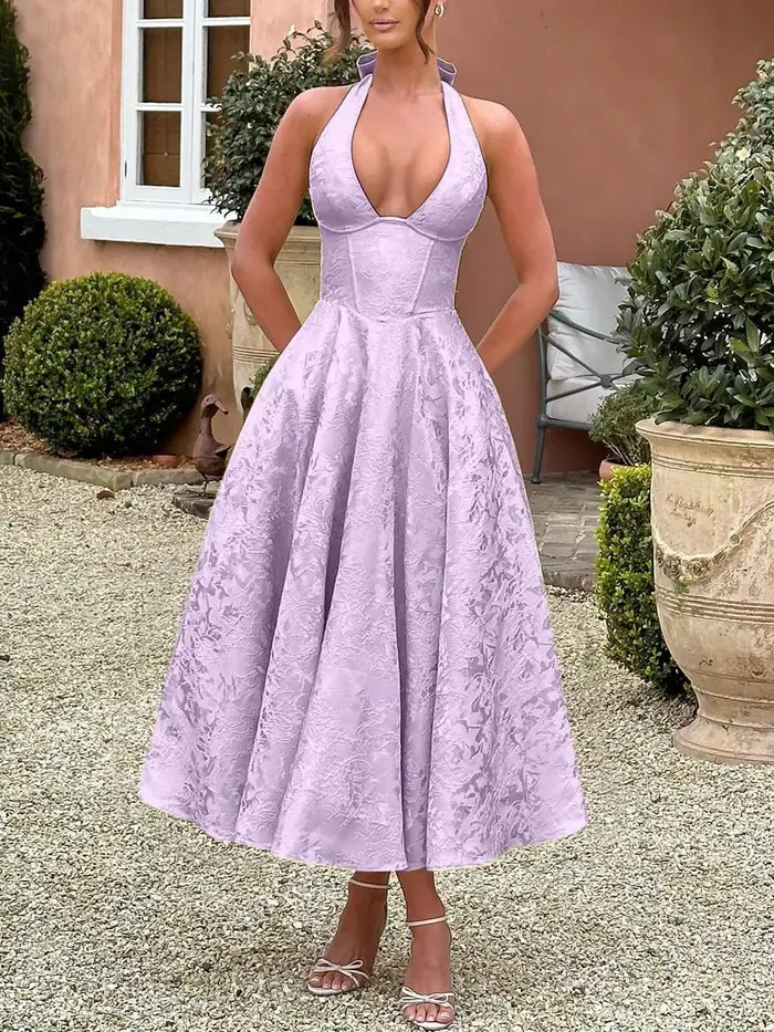 Nouvelles Robes de Soirée Club pour Femmes 2026 – Robe Longue Sexy à Nœud Halter Élégante en Jacquard avec Lacets et Dos Nu pour Anniversaire