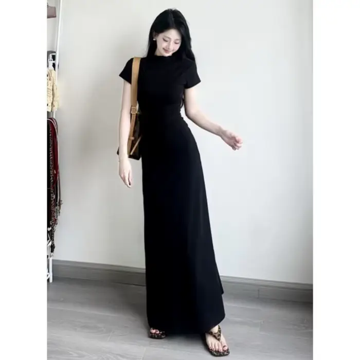 Robe noire à manches courtes de style français pour femmes