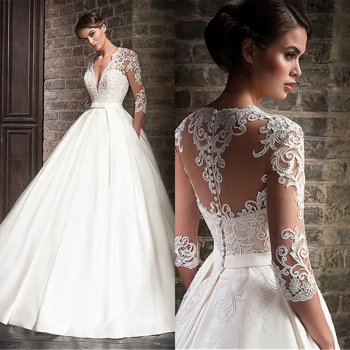 Robe de Mariée en Satin avec Dentelle et Col en V pour Femme Arabe, Vêtement de Luxe, Manches 3/4, a