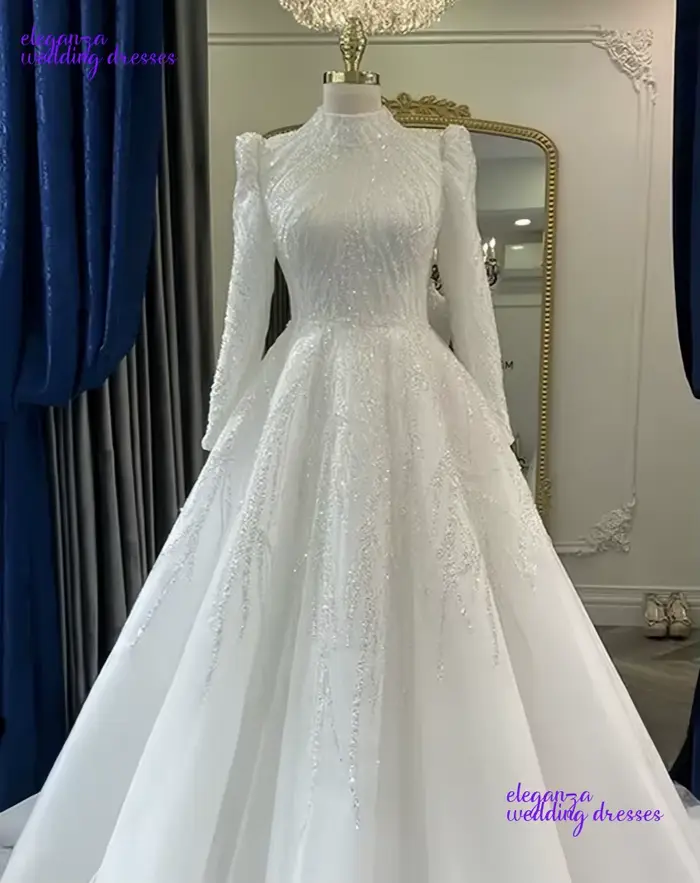 Robe de mariée musulmane personnalisée avec perles, manches longues, hijab, robes de mariée islamiqu