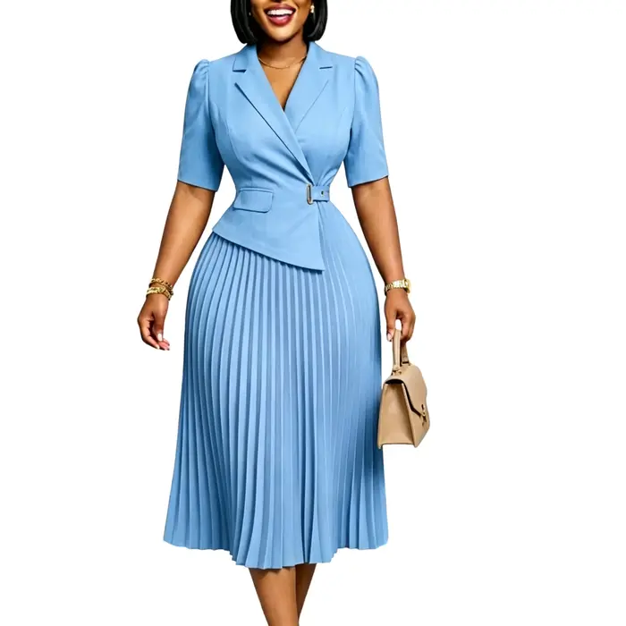 Robe Blazer Africaine pour Femme Bordeaux Plissée Mi-longue avec Manches Courtes Col Revers Col en V Élégante Formelle pour le Bureau