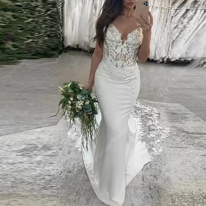 Femmes élégantes Robes De mariée Sexy col en v dentelle impression