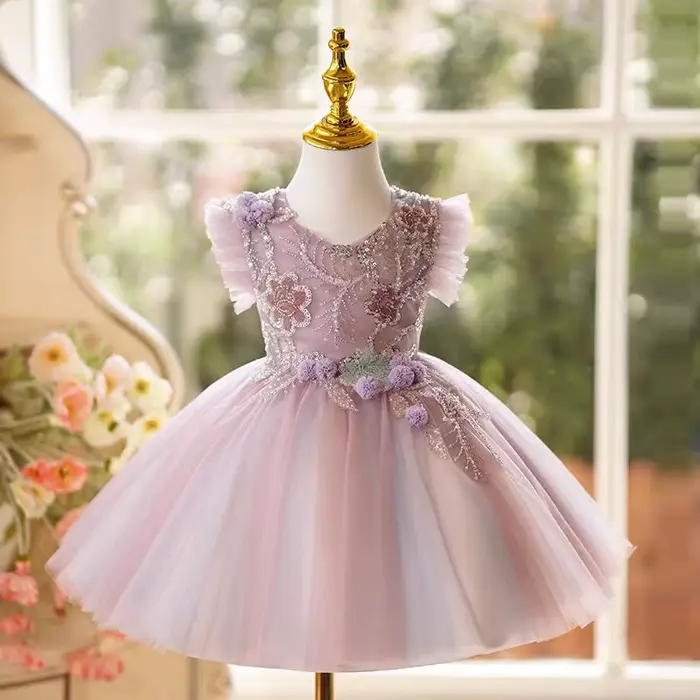 Jill Wish J481 Robe à fleurs lilas pour filles, longueur aux genoux, sans manches, en dentelle, pour