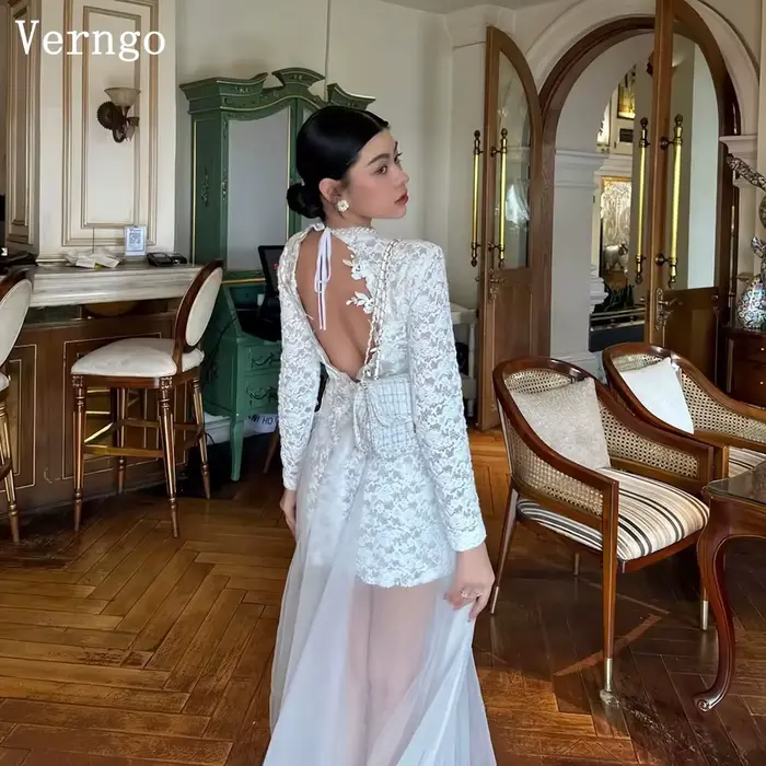 Robe de mariée courte en dentelle sexy Verngo, col montant, coupe A, plissée, robes de mariée modernes, robe de bal, robe de mariée personnalisée, vestido de novia