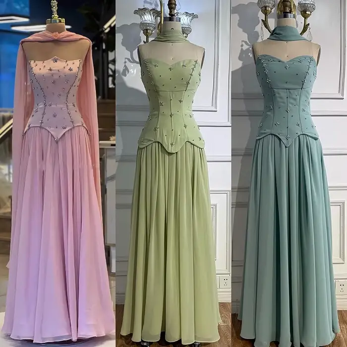 Robe de soirée élégante vert sage avec perles et train de la cour pour femmes de tous âges occassions spéciales