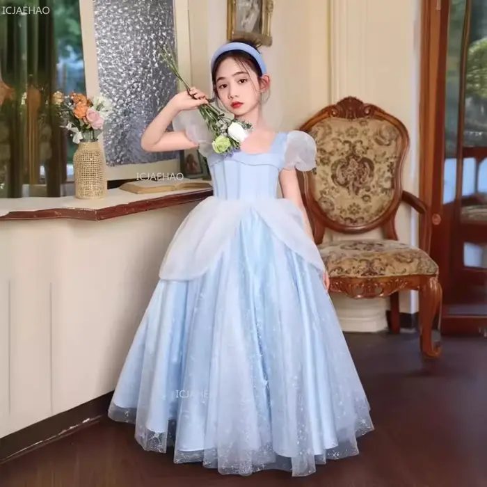 Robe de soirée princesse bleue pour filles, à fleurs, pour mariage, anniversaire, hôte, spectacle de Piano, spectacle, robe de célébration formelle