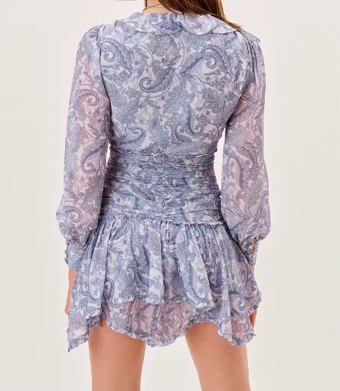 Mini Robe en mousseline de soie à imprimé Floral bleu pour femmes, 2022, oreilles en bois, volants, 