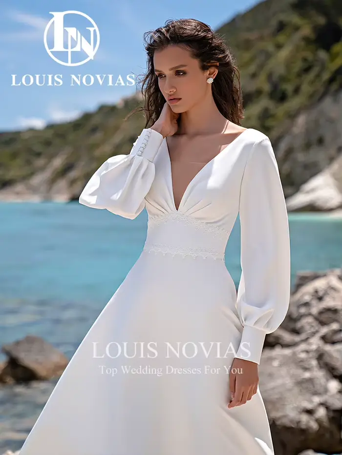 LOUIS NOVIAS robes De mariée en Satin pour femmes lanterne manches col en v Court Train a-ligne robe