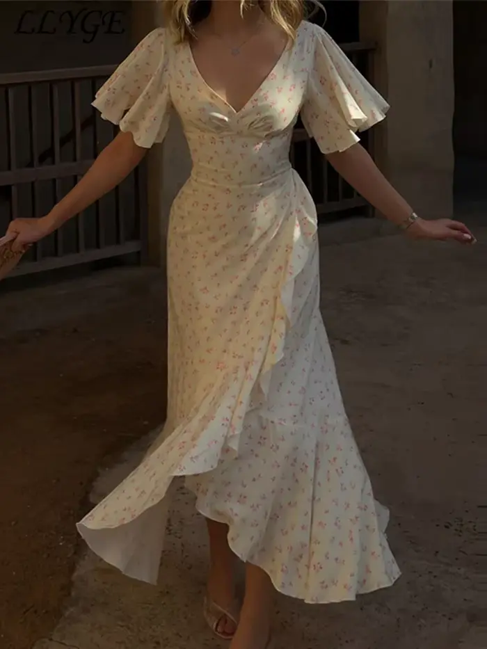 Robe longue élégante imprimée à volants pour femme