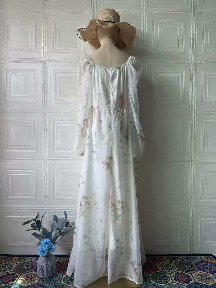 Robe midi en mousseline florale à col carré et manches longues pour femme