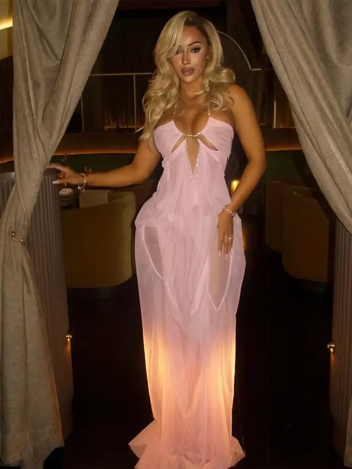 Nibber Bal Robe De Soirée Femme Sexy Voir À Travers De Luxe Chaîne Halter Col Bas Dos Nu Sans Manches Minuit Élégant Robes