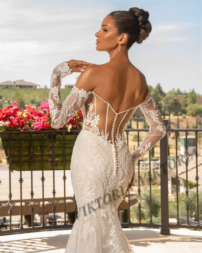 Robe de mariée sirène Viktoria avec col bateau et manches amovibles pour femmes, appliques exquises, disponible en blanc et ivoire pour futures mamans et cérémonies importantes