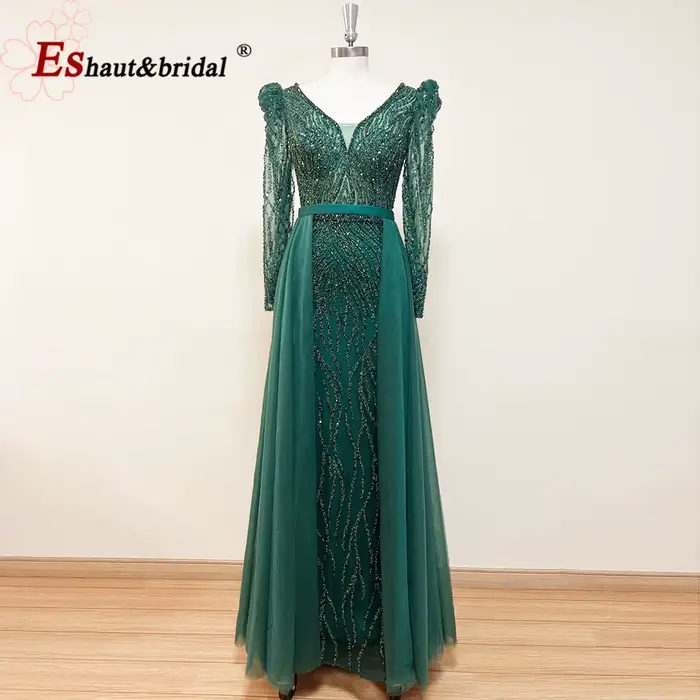 Robe de soirée sirène élégante pour femme 2026, col en V, manches longues bouffantes, perles et sequins, robes de bal et de mariage formelles personnalisées