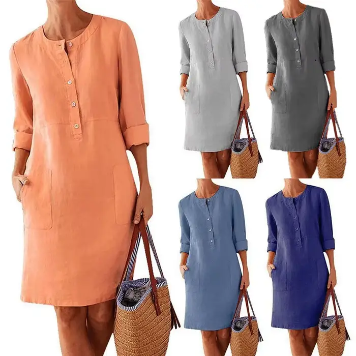 Robe tunique en coton et lin pour femmes, décontractée, solide, manches longues, Vintage, droite, ma