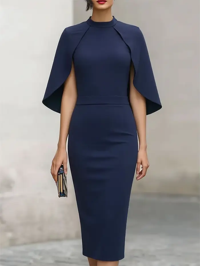 Robe midi élégante à col haut et manches cape ajustée pour femme