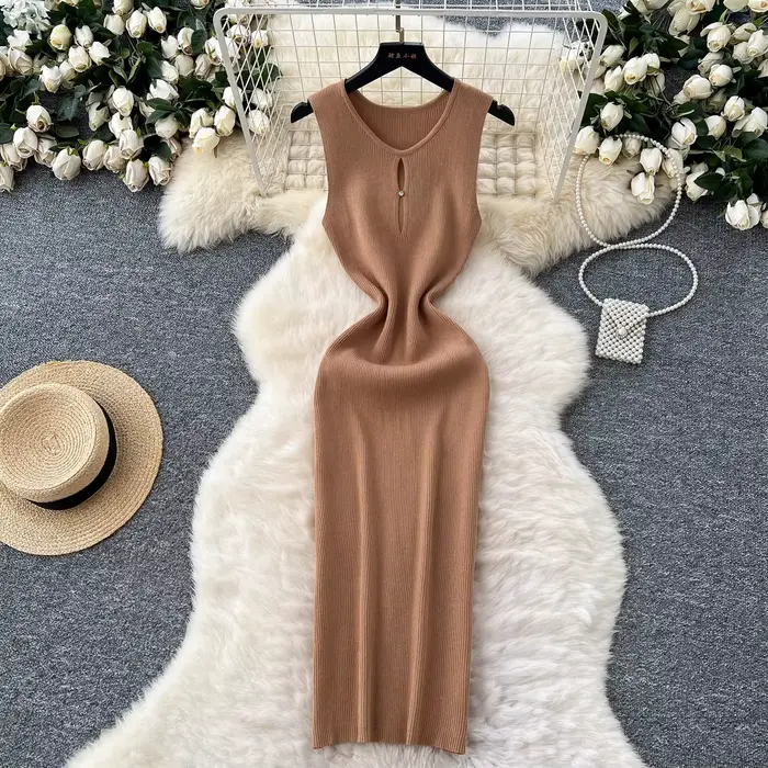 Robe Femme YuooMuoo 2026 – Nouvelle Collection Été – Robe Moulante Tricotée Col Rond Élégante Sans M