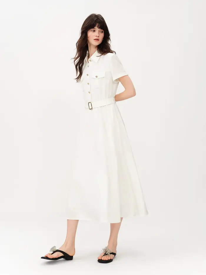 Robe d'été sophistiquée en lin à manches courtes pour femme FSLE 2026 - Coupe trapèze classique mi-l