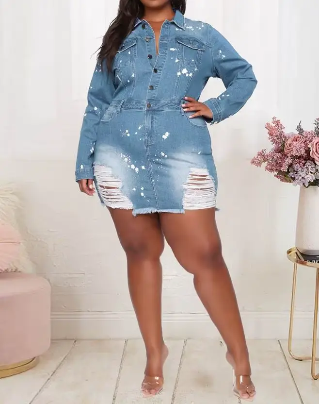 Robe en denim high street à manches longues et col rabattu avec ourlet déchiré et éclaboussures d'encre pour femmes, mini robe pour toutes les occasions spéciales