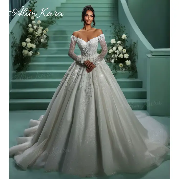 AlimKara – robe de mariée à épaules dénudées, manches longues, avec des appliques, coupe trapèze, ro