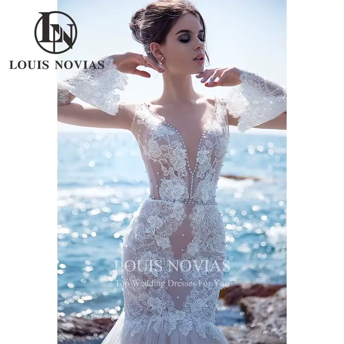 Robe de mariée sirène élégante avec perles délicates et appliques de fleurs 3D, col en V, manches longues et dos nu pour femmes occasions spéciales