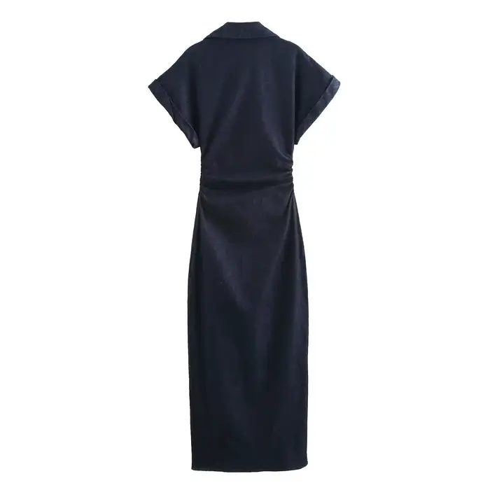 ETJ 2025 printemps nouvelle série 1975 robe MIDI en denim avec revers côté fermeture éclair mode rides taille mince