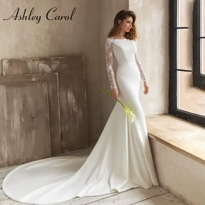 Ashley Carol-Robes de mariée sirène pour femmes, appliques en satin sexy, robe à col bateau, haute q