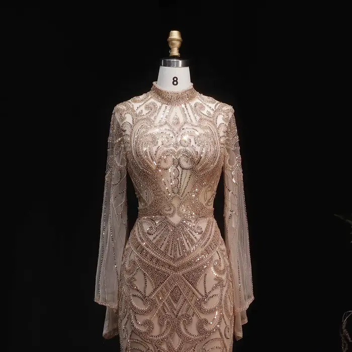 Robe de soirée Sharon Said Dubaï à motif géométrique perlé, manches longues évasées, silhouette sirène, forme de balayage pour femmes occasions spéciales