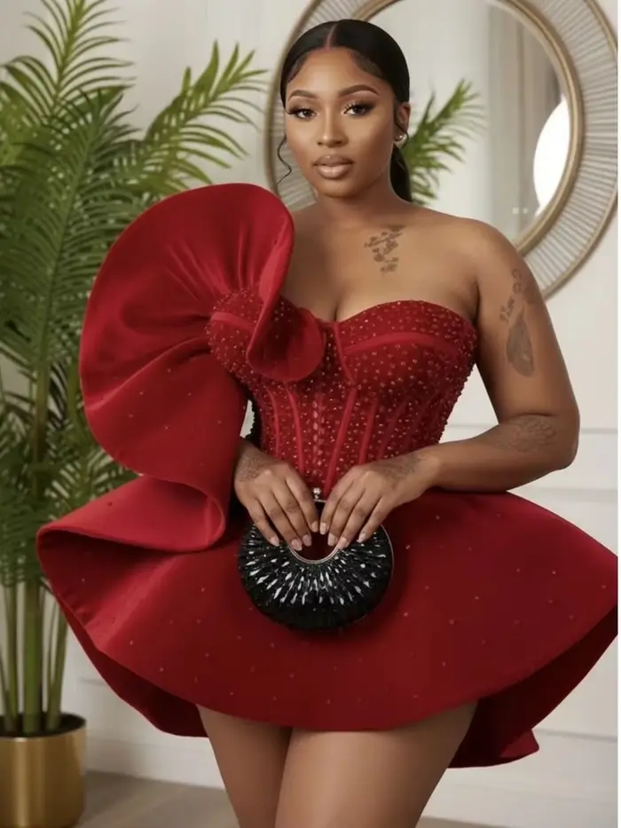 Robe de cocktail courte Aso Ebi, coupe trapèze, avec nœud en cristal, pour femmes africaines, style 
