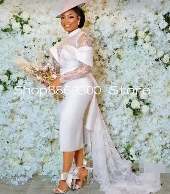Robe de Mariée Aso Ebi en Dentelle et Satin Court avec Manches Longues et Décoration de Perles Occasions Spéciales