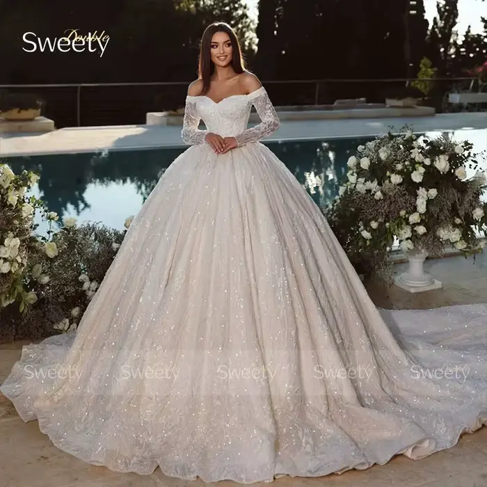 Robe De mariée à paillettes en Organza avec dentelle brodée