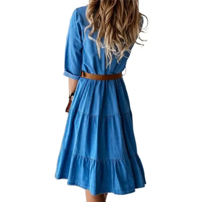Robe en jean manches trois quarts avec ceinture col rabattu printemps automne boutons à volants robes
