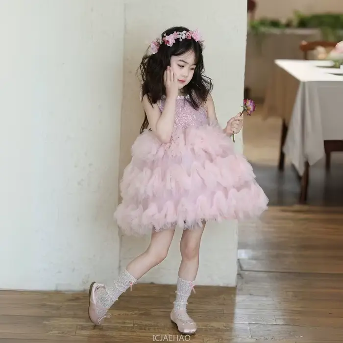 Robe de mer rose sans manches robes de fille de fleur Pageant hôte Tutu