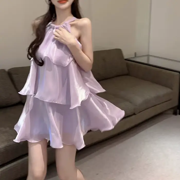 Femme robe élégante douce sans manches volants maille ample été nouveau gâteau Mini robes solide Sexy