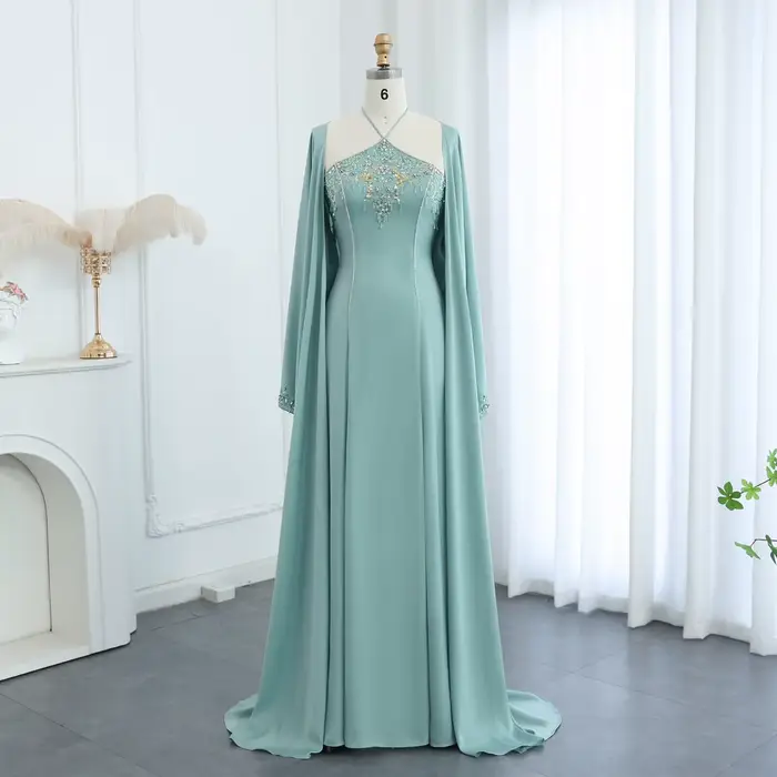 Sharon Said-Robe de Soirée de Luxe à Col Licou Vert Sauge, Tenue Formelle Personnalisée avec Cape, p