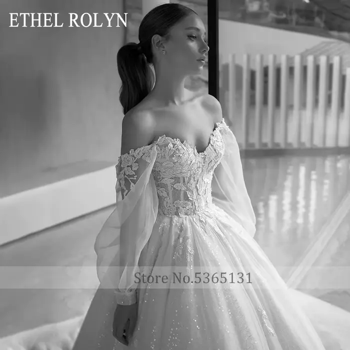 Robe de mariée Ethel Rolyen en dentelle princesse avec manches bouffantes, élégante pour mariages, soirées et célébrations